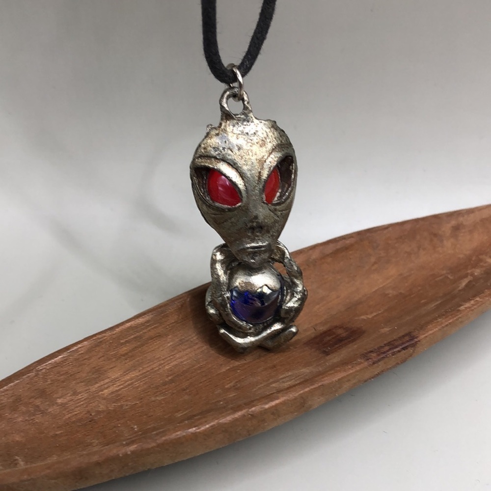 Creepy Awesome Pewter Red Eye Alien With Crystal Marble Signed BOA Vintage
